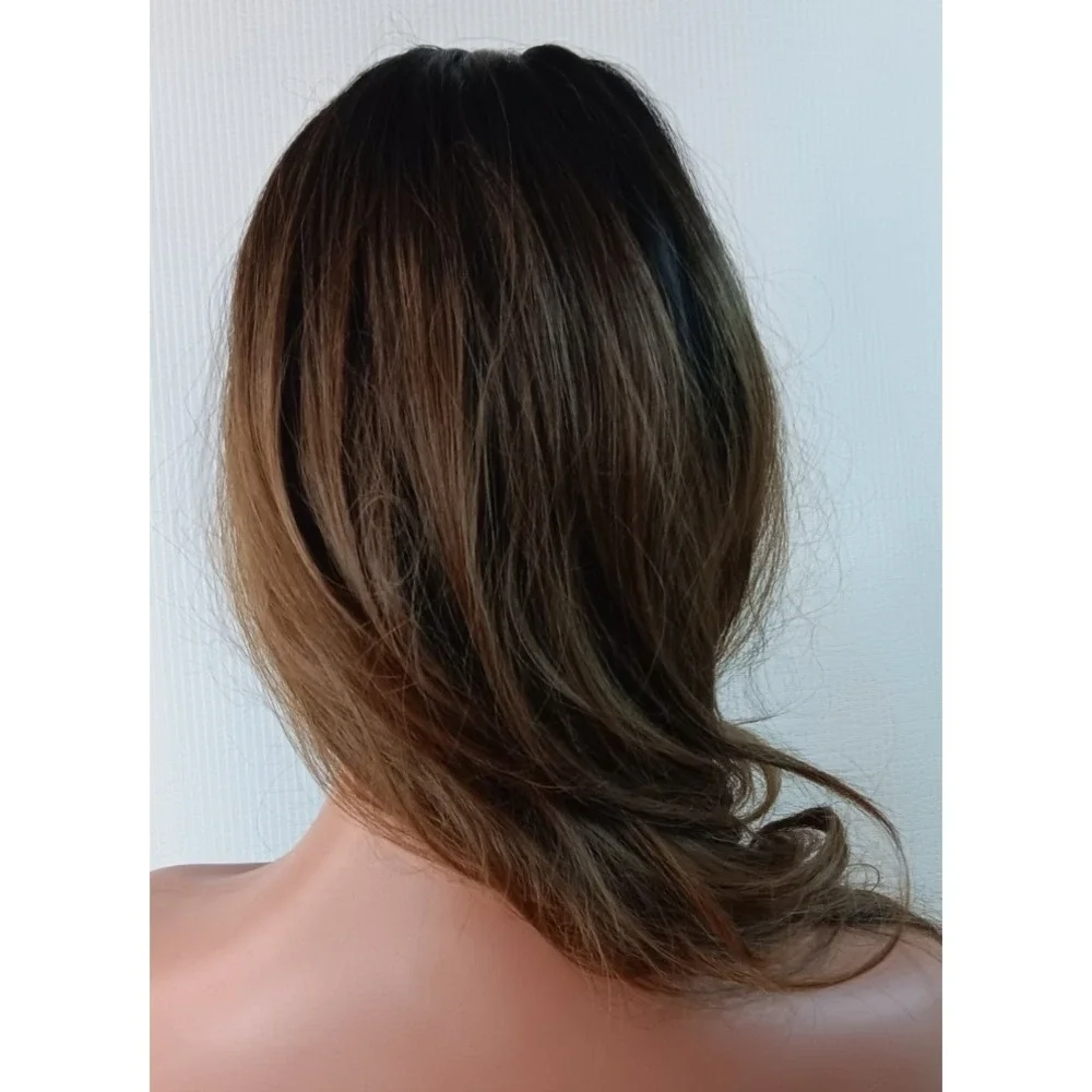 Straight layered Wavy Long synthetic black W/ brown Highlights Bang hair wig 26
